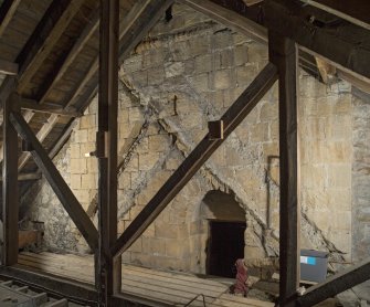Interior. Composite image within the roof space of the church, showing the raggles of earlier roofs on the tower's east face, 2nd stage