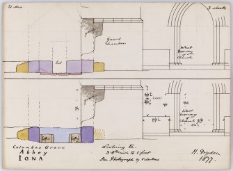Drawing of 'Columba's Grave', Iona Abbey, showing sections looking E through St Columba's Shrine and part of the Abbey church.
