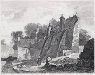 View of building in Canonmills, Edinburgh, showing a tall butressed building and smaller house at right angles, with a channelled stream and footbridge beside it.
Titled: 'Ancient house Canonmills'.