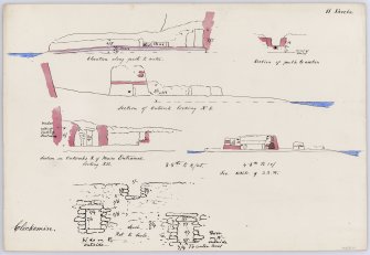 Elevation and section of 'path to water', ie path through outbuildings to NE of Clickimin broch; section of blockhouse looking NE ; section of outworks S of main entrance looking SE; all at scale of 3/8":2'. Also section of island and structures looking ESE at scale of 1/2":10'. Sketched details of wall exterior on E and N. Insigned and undated but in Dryden's hand.