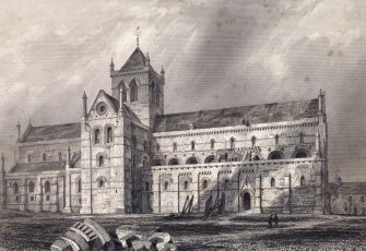 Engraving showing view of St Magnus Cathedral, Kirkwall, from north