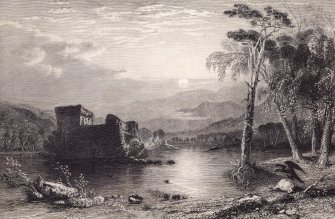 Engraving showing view of Loch-an-Eilein Castle by moonlight.
Titled: 'Loch-an-Eilan. (Inverness-shire.)'