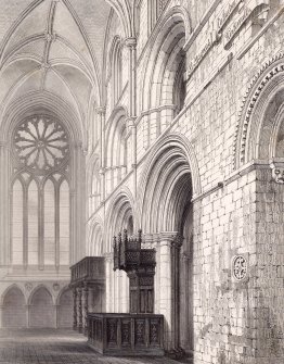 Engraving showing interior view of St Magnus Cathedral, Kirkwall