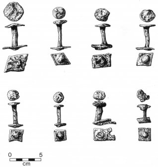 A selection of wrought-iron rivets and roves (see Perth15). These were primarily  associated with clinker boatbuilding, but were also used for studding doors. Scale in cm.