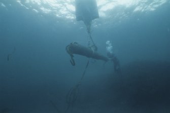 The bronze media culebrina reaches the surface, suspended beneath an airbag (1977)