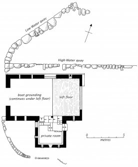 Plan of the boathouse at the head of Loch Aline, on the estate of Achranich (later merged with Ardtornish). Note the landward-facing pedestrian door from which two steps led up into the private room in the south wing, a flight of stone steps led down to the boathouse floor, and there was also access to the raised timber loft floor. This reflects social distinctions among those using the boathouse. High-water and low-water quays permitted access at most states of the tide (surveyed 2000).