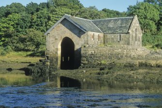 Achranich boathouse from the south-west at low water, showing the threshold to the boat grounding.