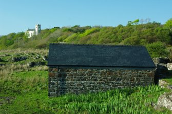 The restored Drimnin boathouse, 2012. In the background is the former St Columba's Roman Catholic church (1838), recently restored.