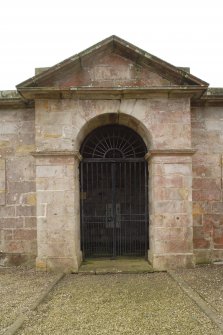 Detail of pedimented entrance to the Cambo Estate mausoleum, taken from north east.