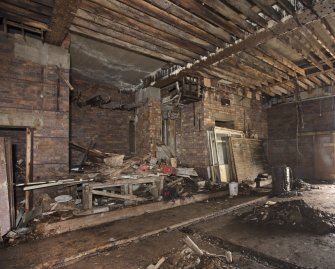 Interior. View from floor of operations room looking to location of operations dais and flanking offices, with main entrance to far right.