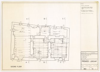 Provand's Lordship and 8 Macleod Street
Second floor plan showing proposed works
Titled: 'Second floor as proposed  Restoration work to Provand's Lordship  Job No 869'  'Walter Ramsay FRIBA FRIAS  Chartered Architects, 11 Park Circus, Glasgow, G3 6AX'