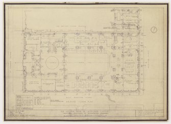 Edinburgh, 42 St Andrew Square, Royal Bank of Scotland.
Ground floor plan.
Title: 'The National Bank of Scotland Limited. Proposed Rebuiling of Headquarters Edinburgh.'
Insc: 'Mewes & Davis FFRIBA Leslie G. Thomson ARIBA, FRIAS Joint Architects. 1 Old Burlington Street London W.1.'  'Issued 14 DEC 1937'.