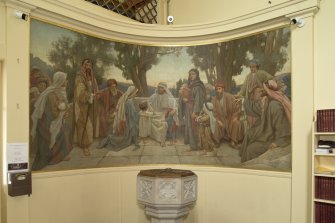 View of mural in south corner above font