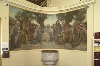 View of mural in south corner above font