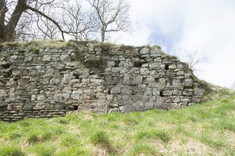 Sixth in a series of views of the Teviotside curtain wall of Roxburgh Castle showing a break in the stonework and joist holes in the secondary stonework, from the SE