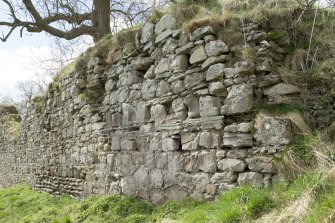 Oblique view of the secondary stonework of the Teviotside curtain wall of Roxburgh castle showing joist holes, from the E