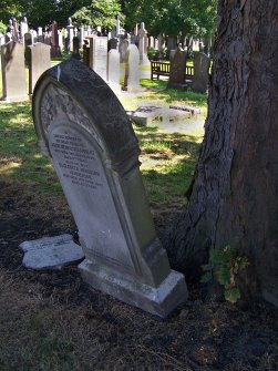 Detail of gravestone, John Lambert and Elizabeth Morrison, died 1909 and 1947, leaning, Rosebank Cemetery, Edinburgh