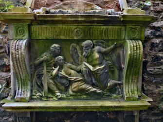 Detail of relief on wall monument, Old Carlton Burial Ground, Edinburgh.