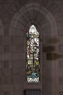 Detail of stained glass window of St Columba