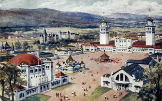 Postcard showing Scottish National Exhibition ground in 1908 from the east.