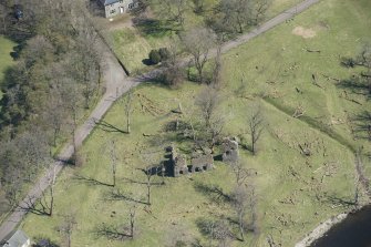 Oblique aerial view of Crawford Castle, looking to the NNE.