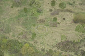 Oblique aerial view of Sighthill Park Stone Circle, looking to the N.