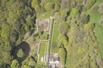Oblique aerial view of Auchmacoy Country House walled garden, looking to the WNW.