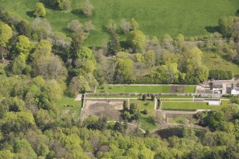 Oblique aerial view of Auchmacoy Country House walled garden, looking to the NNE.