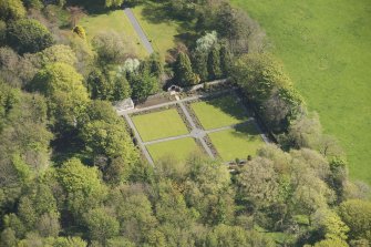 Oblique aerial view of Arnage Castle garden, looking to the NNE.