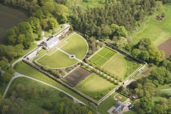 Oblique aerial view of Haddo House walled garden, looking to the NNE.