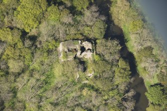Oblique aerial view of Ravenscraig Castle, looking to the NW.