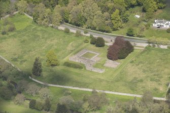 Oblique aerial view of Deer Abbey, looking to the NNW.