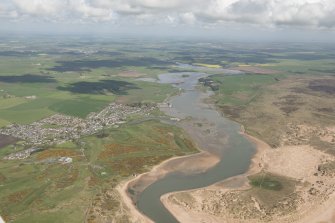 General oblique aerial view of the mouth of the Ythan estuary centred on Newburgh, looking to the NNW.