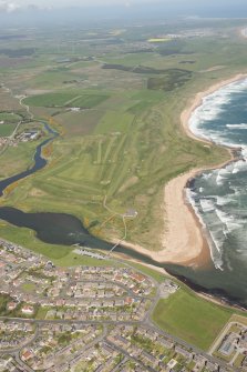 General oblique aerial view of Craigewan Links centred on Peterhead Golf Courses, looking to the N.