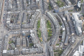 Oblique aerial view of the Edinburgh Tram Works on Shandwick Place, looking to the NE.