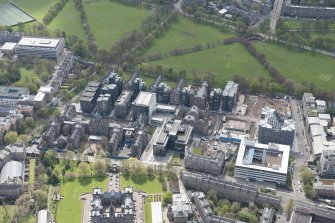 Oblique aerial view of the Quartermile Development on the former Royal Infimary site, looking to the SSE.