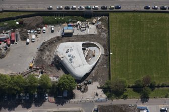 Oblique aerial view of building construction of the Elizabeth Montgomerie Foundation within Aberdeen Royal Infirmary, looking to the S.