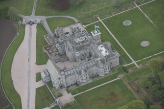 Oblique aerial view of Dunecht House and chapel, looking to the ESE.