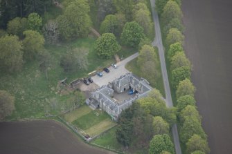 Oblique aerial view of Dunecht House stable blocks, looking to the WSW.