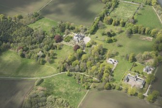 General oblique aerial view of Skene House with adjacent walled garden, looking to the NW.