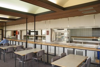 Interior. General view of Restaurant showing serving counter.