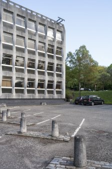 General view of car park and South wing from North West.