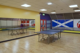 Interior. View into dance studio above ice rink.