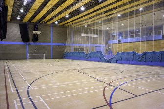 Interior. View from the south east, looking diagonally across the main sports hall.
