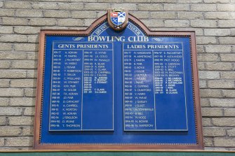 Interior. Detail of carpet bowling club Presidents board.