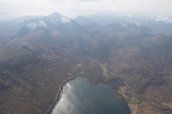 General oblique aerial view of Loch Ainort with Marsco beyond, looking SW.