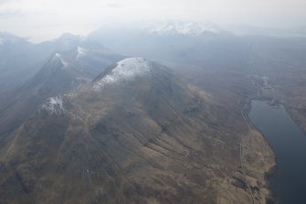 General oblique aerial view of Loch Sligachan and the Cuillin Hills, looking SW.