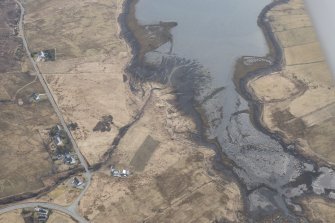 Oblique aerial view of the fish traps at Heribost, Roskhill, looking SSW.