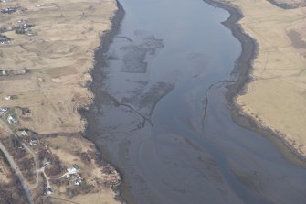 Oblique aerial view of the fish traps and kelp grids at River Snizort, looking E.