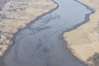 Oblique aerial view of the fish traps and kelp grids at River Snizort, Bernisdale, looking NNW.